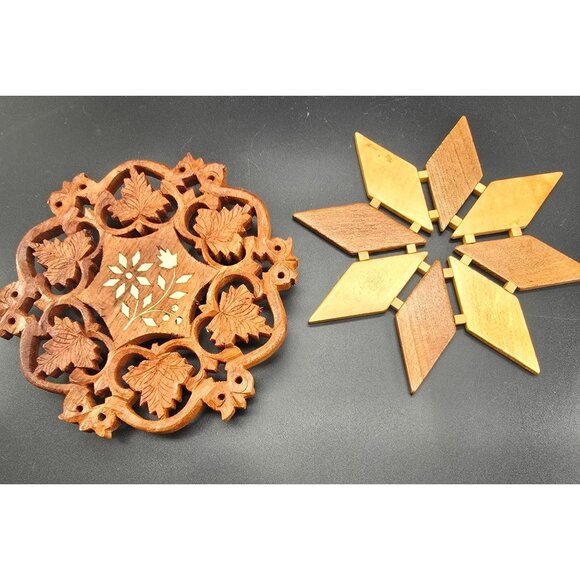 Handcrafted Wooden Trivets With Intricate Leaf & Star Designs - Set Of 2 JJ3841 - Picture 4 of 6